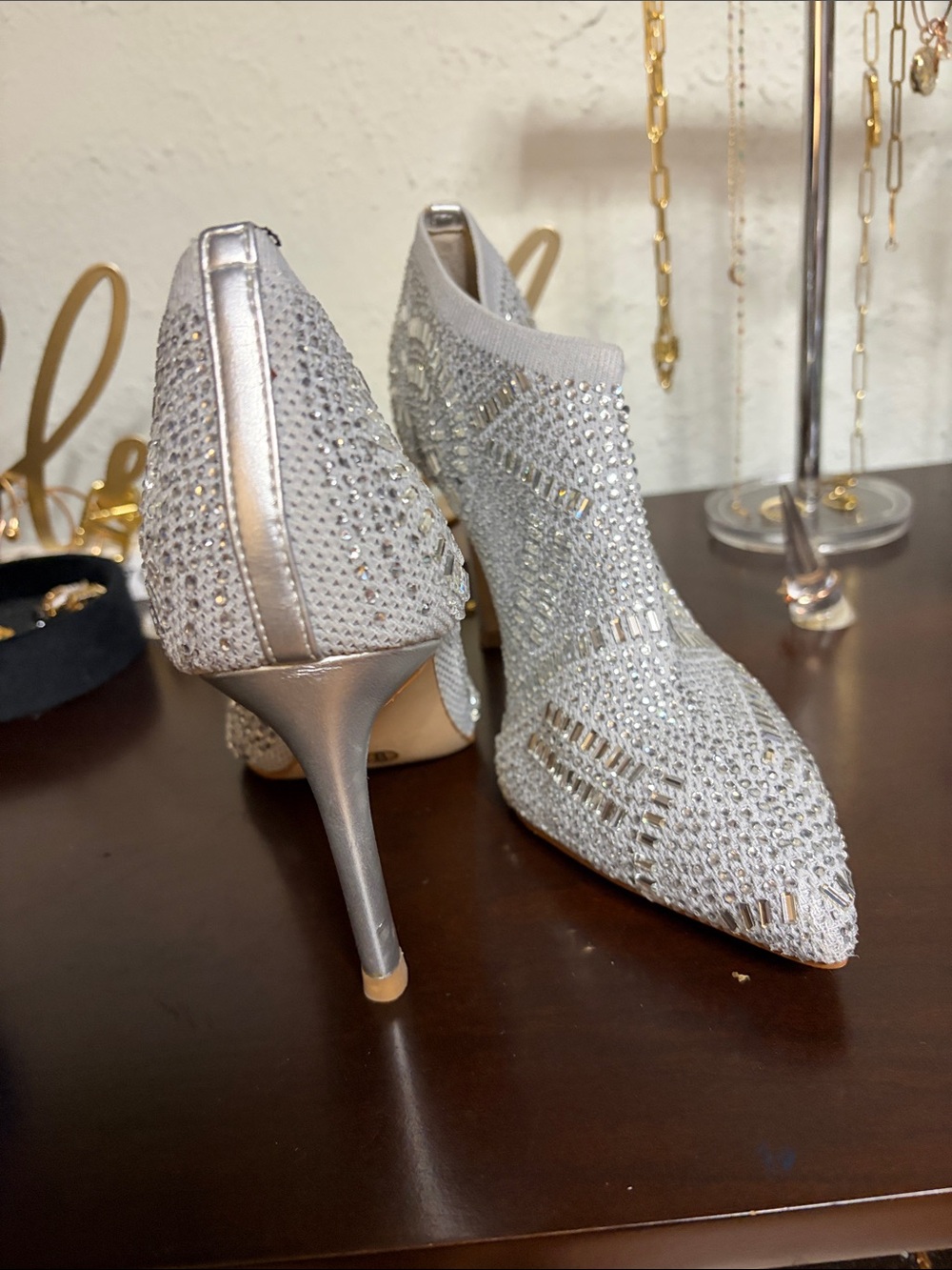 Thalia Sodi Silver Crystal Embellished Pointed-Toe Booties - Picture 5 of 8